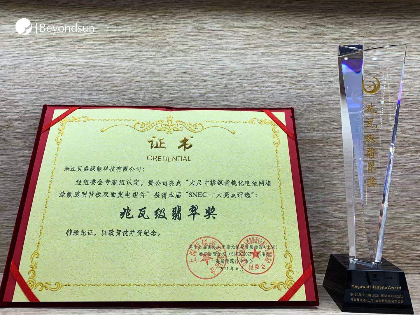 持续高能！贝盛绿能荣获SNEC十大亮点评选兆瓦级翡翠奖！